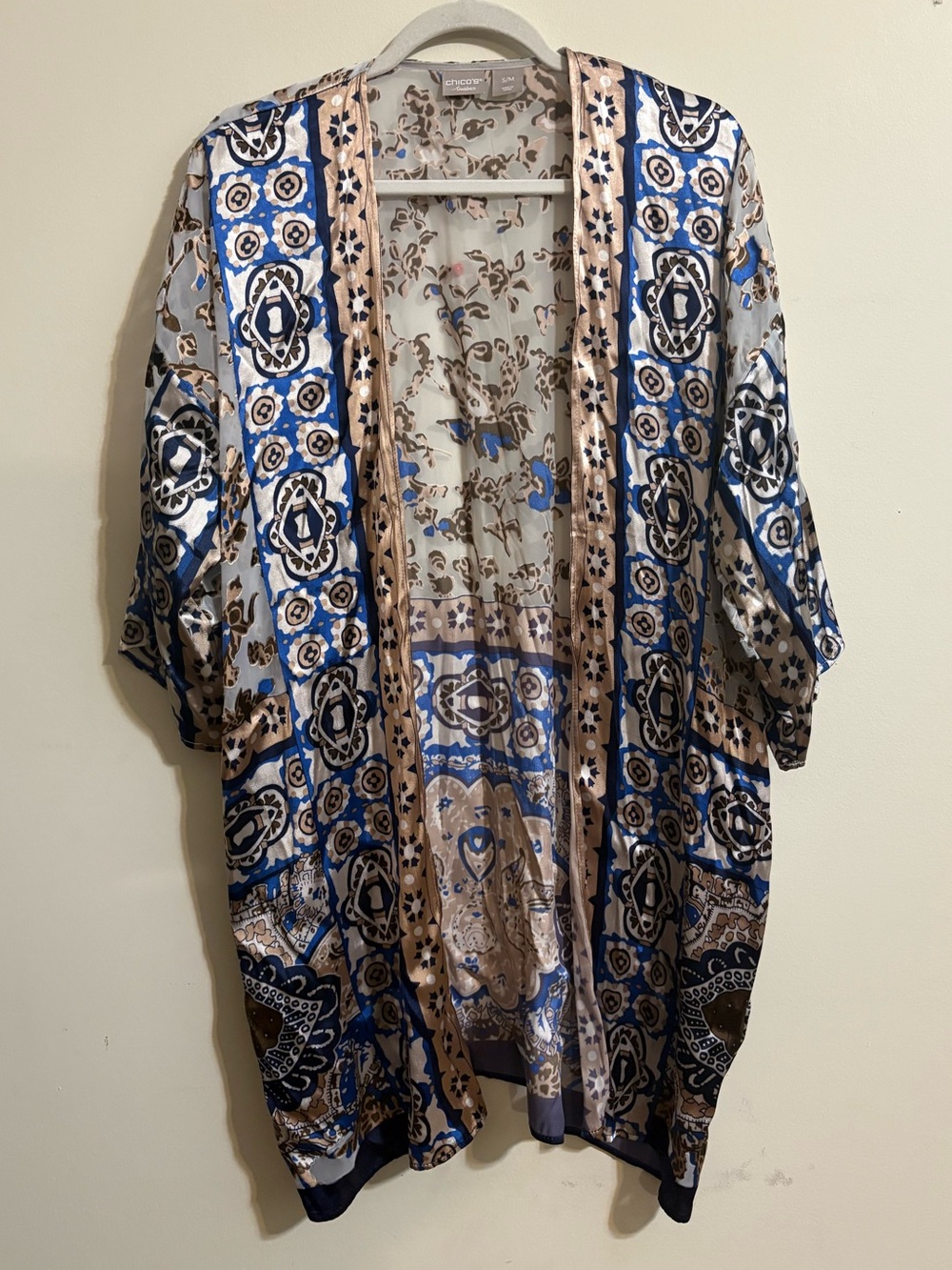 Chico's Travelers cardigan women’s S/M sheer long kimono cream blue brown floral
